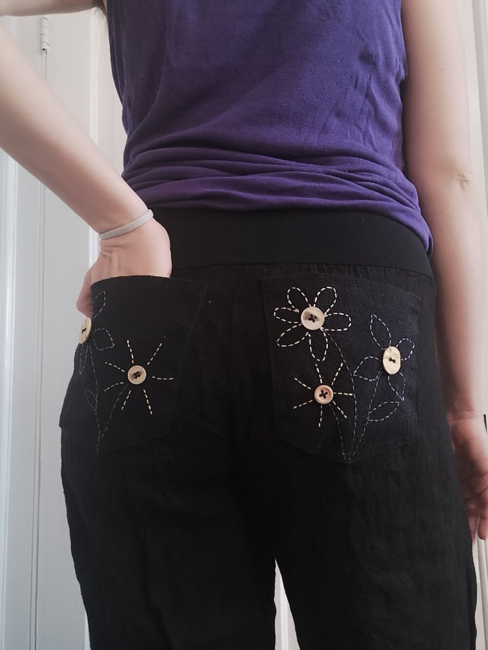 OOAK Hand Embroidered Cropped Linen Pants, Floral Button Embellishment